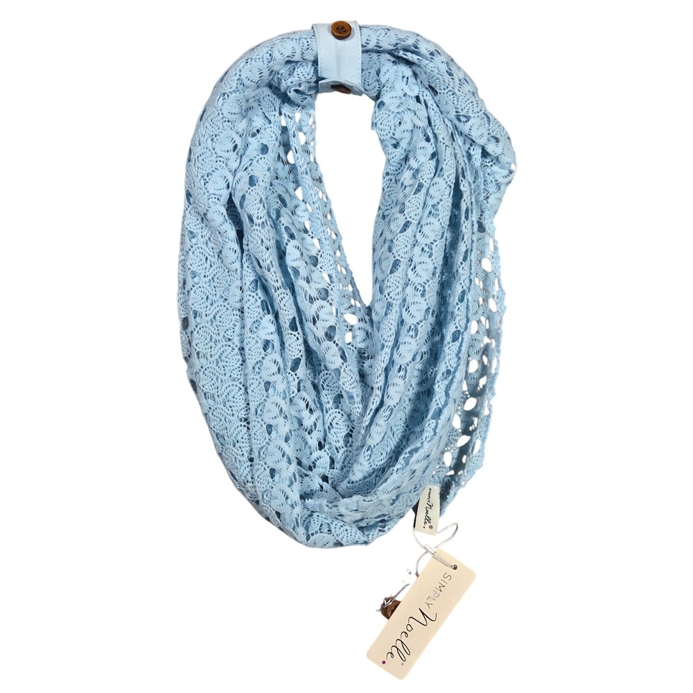 Simply Noelle Light Blue Floral Lace Infinity Scarf with Wood Button Accent NWT